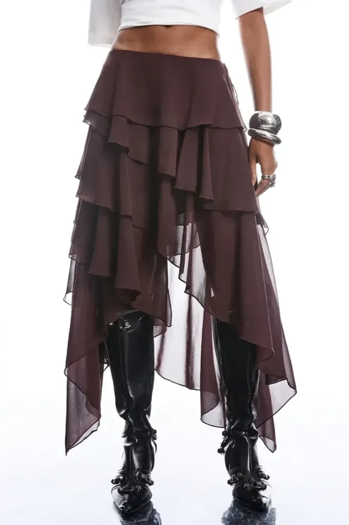 Dark Brown Tiered Ruffle Maxi Skirt - Image 1