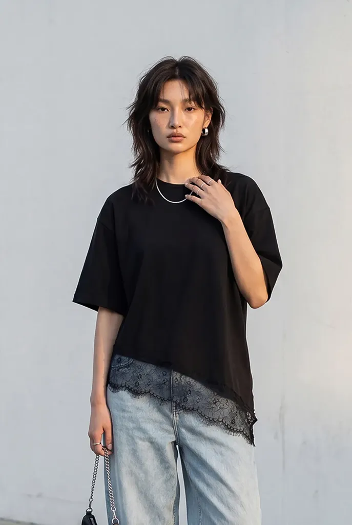 Black Solid Lace Asymmetric T-Shirt - Image 1