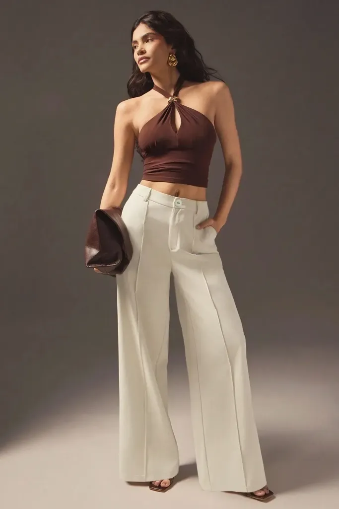 Cream Solid Wide-Leg Pants - Image 1
