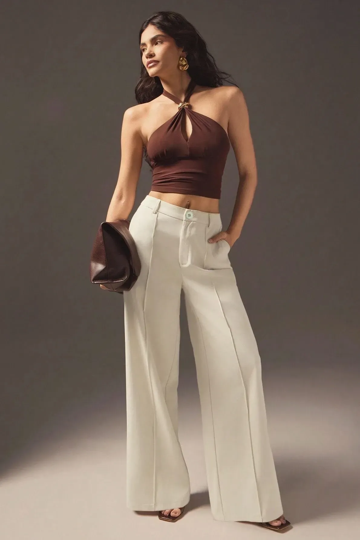 Cream Solid Wide-Leg Pants