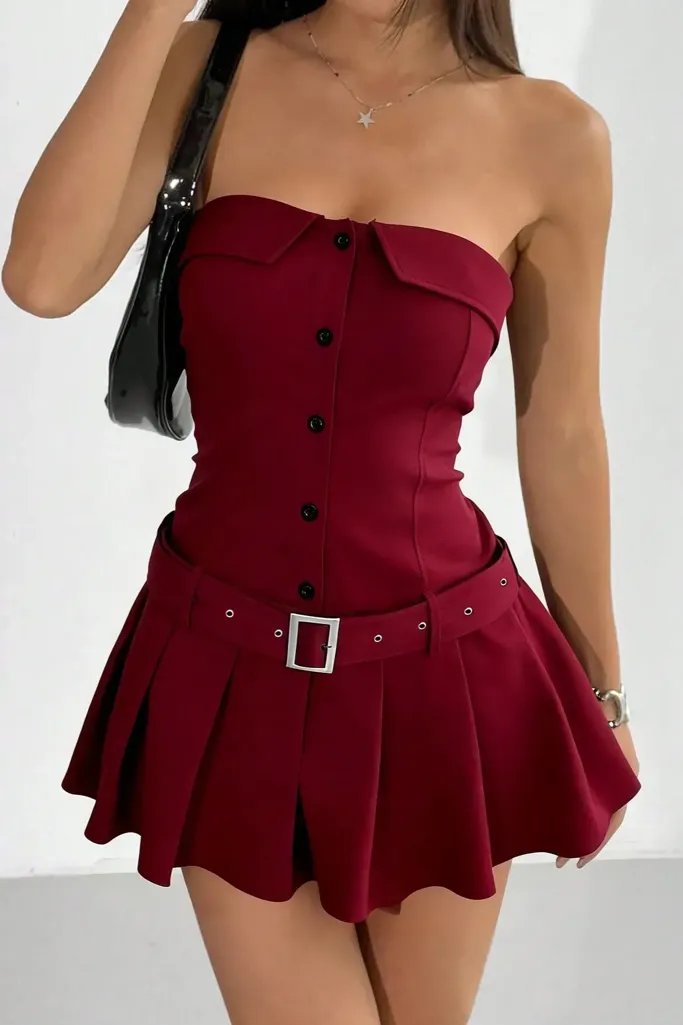 Red Belted Tube Mini Dress - Image 1