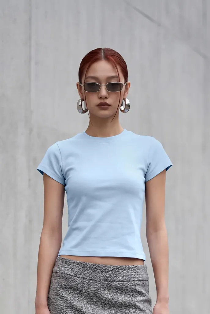 Light Blue Solid Crew Neck T-Shirt - Image 1