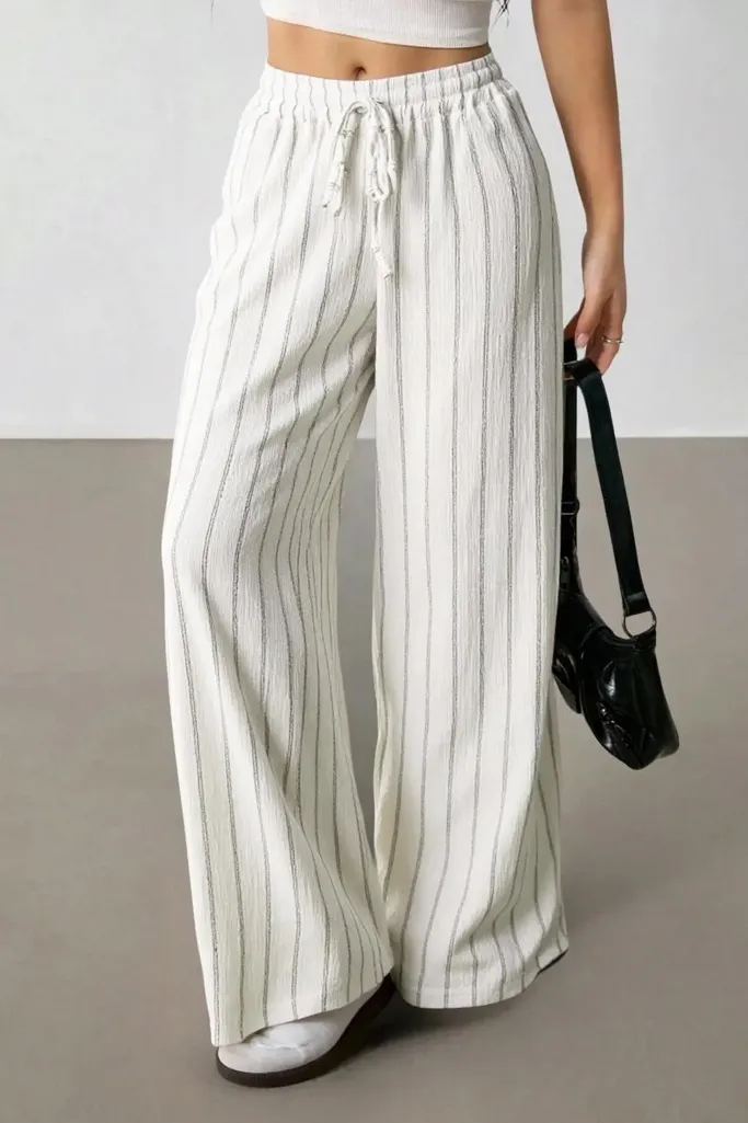 White Striped Mid Rise Pants - Image 1