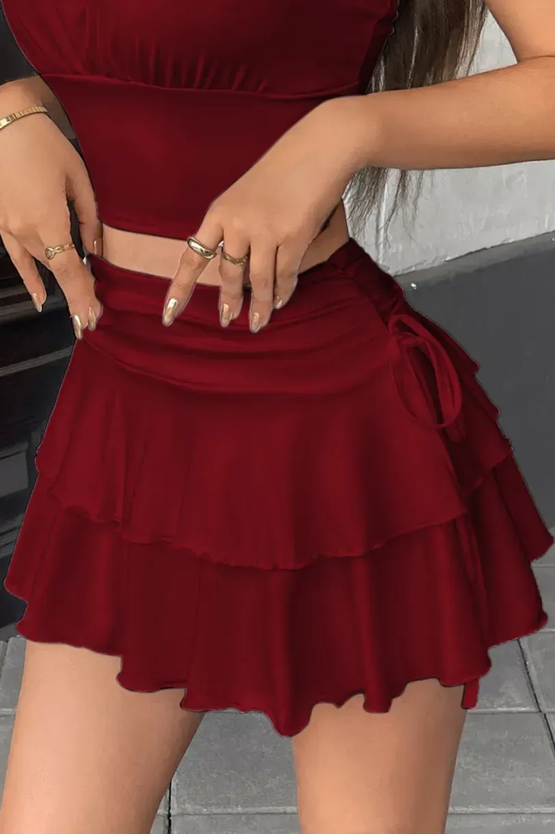 Red Tiered Mid Rise Mini Skirt