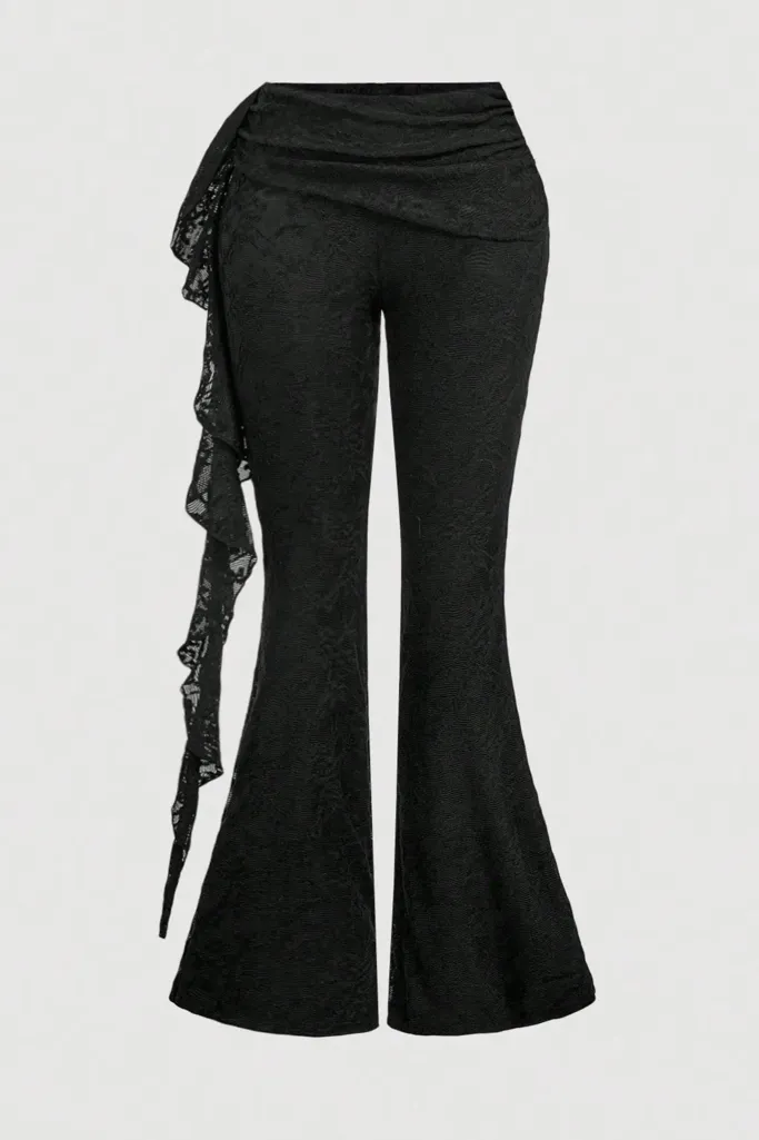 Black Lace Bell-Bottom Mid-Rise Pants - Image 1