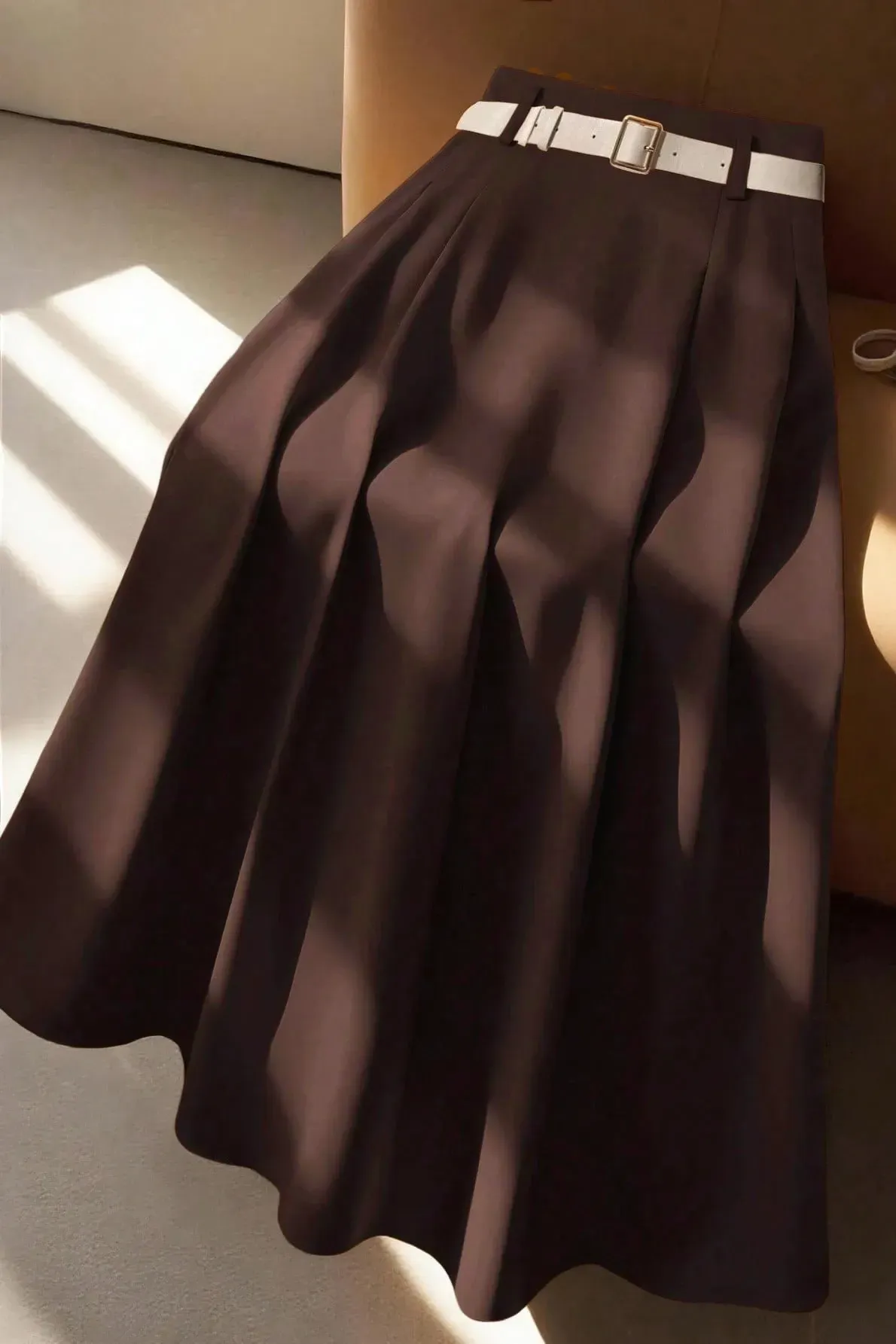 Dark Brown Pleated Mid Rise Skirt