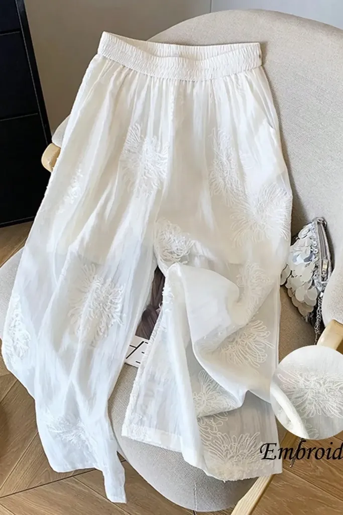 White Embroidered Mid-Rise Pants - Image 1