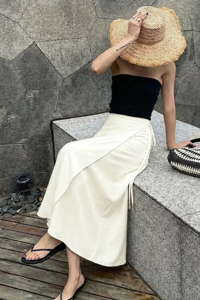 Off White Solid Wrap Maxi Skirt - Image 1