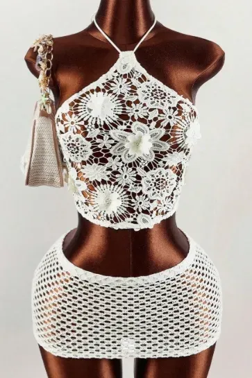 White Floral Crochet Co-Ord Set - Image 1