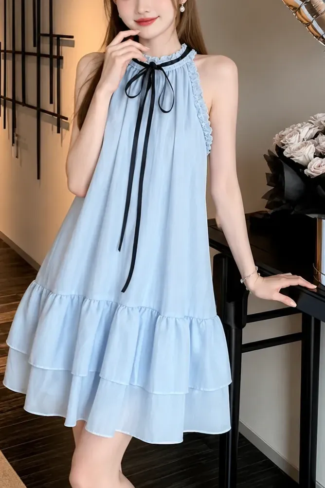 Light Blue Ruffled Tiered Mini Dress - Image 1