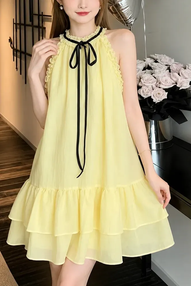 Light Yellow Ruffled Tiered Mini Dress - Image 1