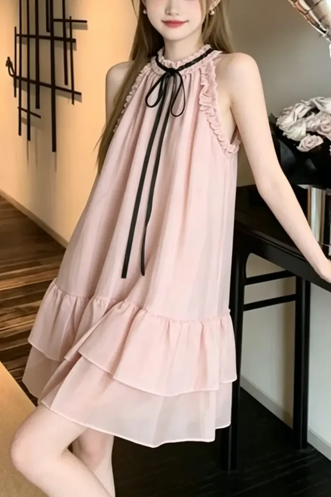 Light Pink Ruffled Tiered Mini Dress - Image 1