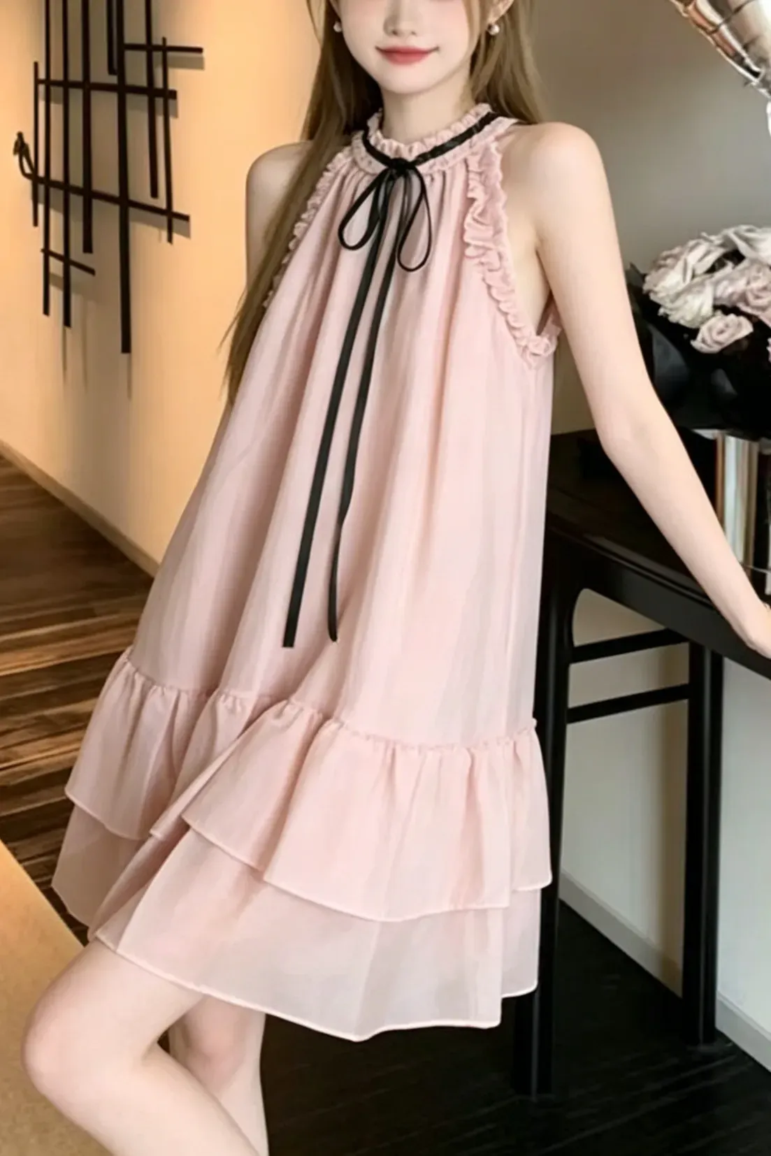 Light Pink Ruffled Tiered Mini Dress