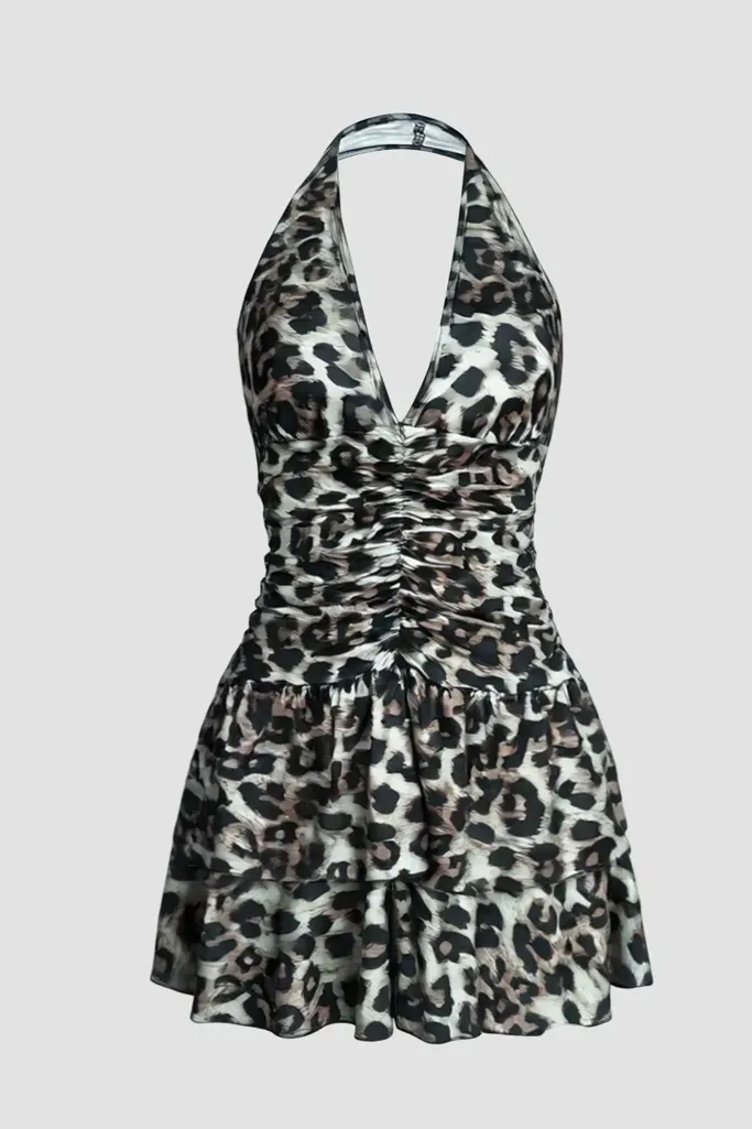 Light Grey Leopard Halter Mini Dress - Image 1