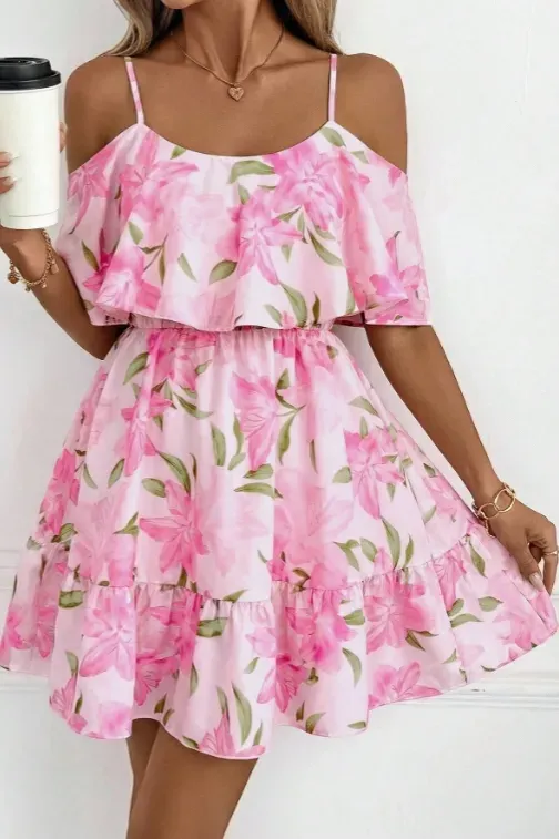 Light Pink Floral Ruffle Mini Dress - Image 1