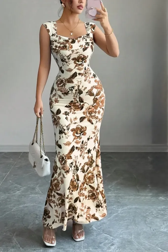 Brown Floral Mermaid Maxi Dress - Image 1