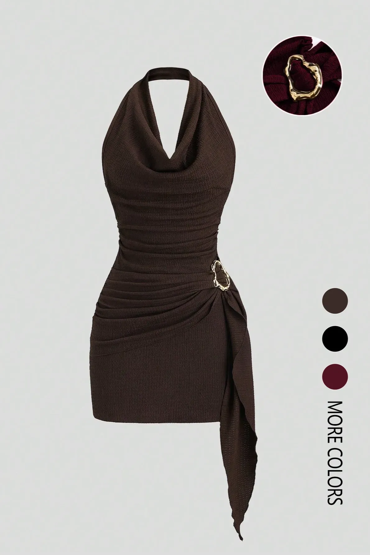 Dark Brown Ruched Halter Mini Dress