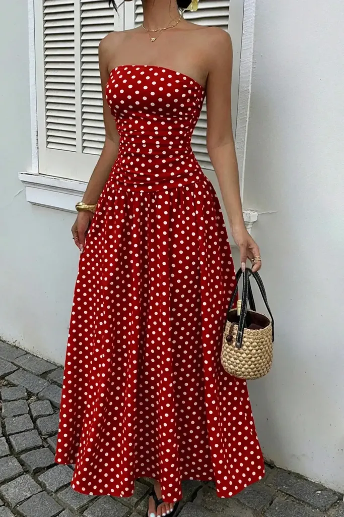 Red Polka Dot Tube Maxi Dress - Image 1