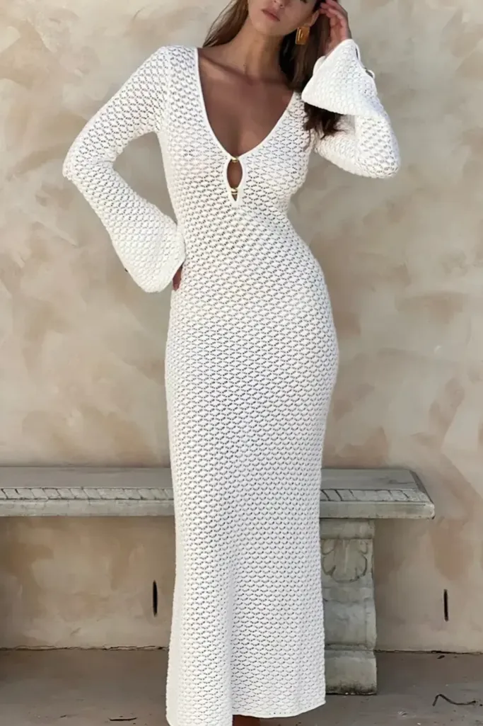 White Solid Crochet Maxi Dress - Image 1