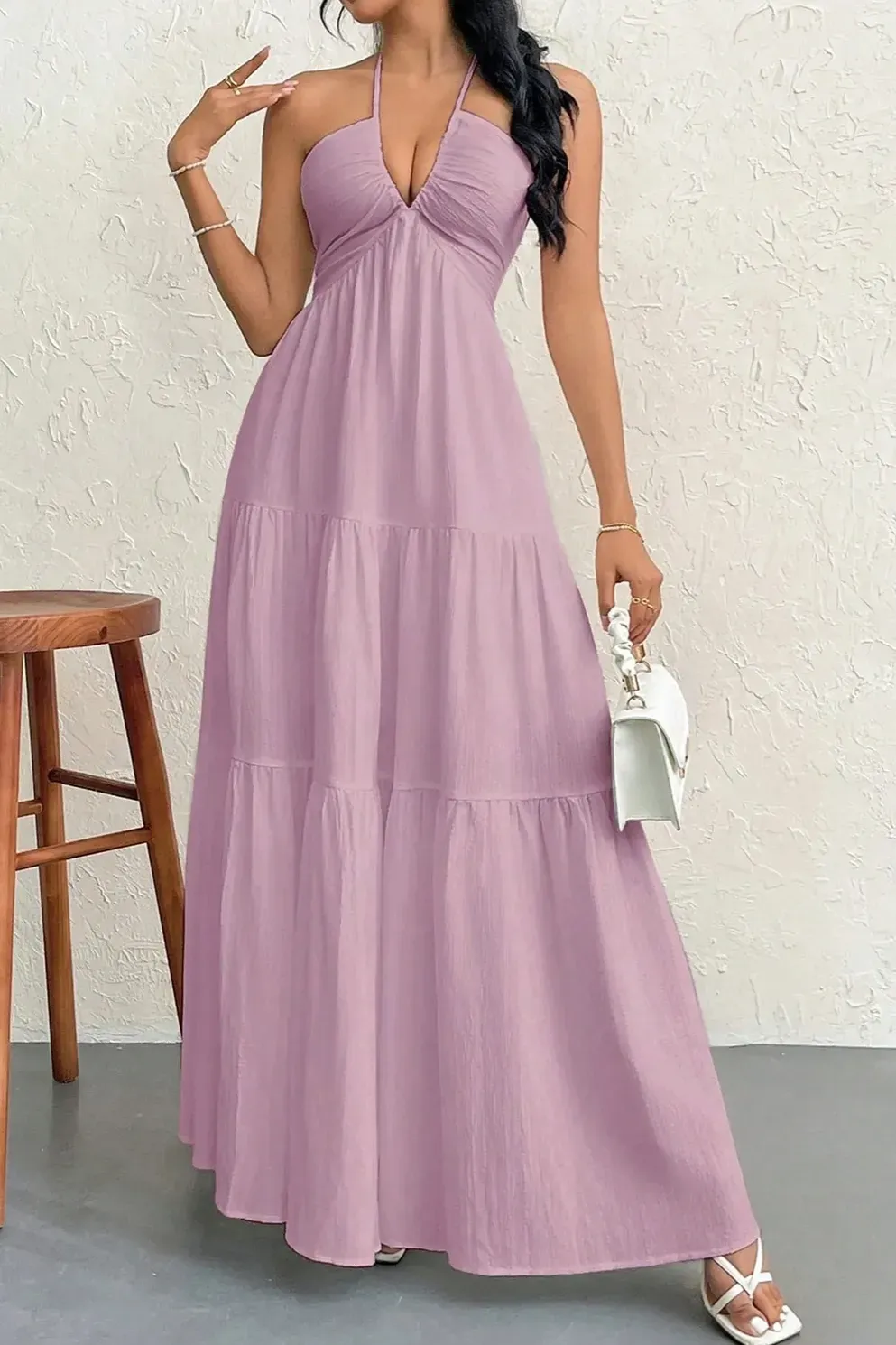 Light Pink Backless Halter Maxi Dress