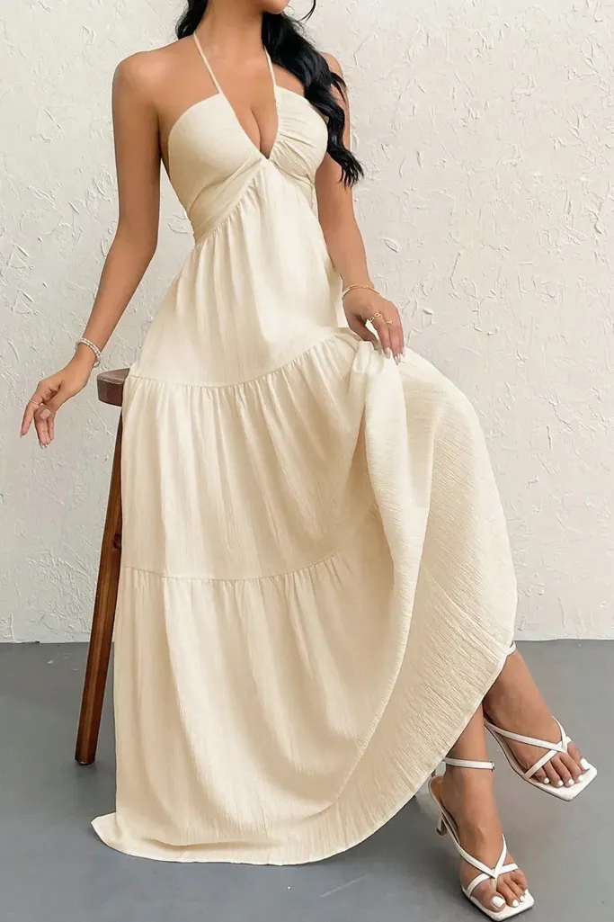 Off White Backless Halter Maxi Dress - Image 1