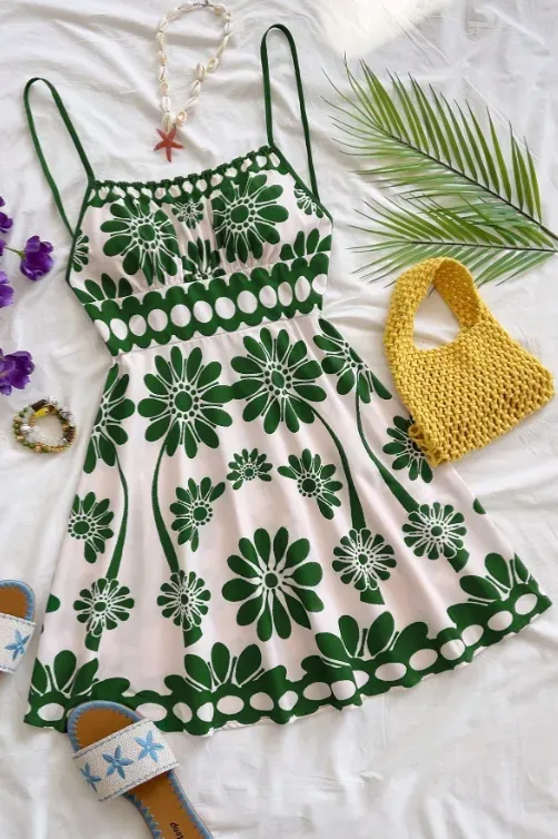 Green Floral Cut-Out Mini Dress - Image 1