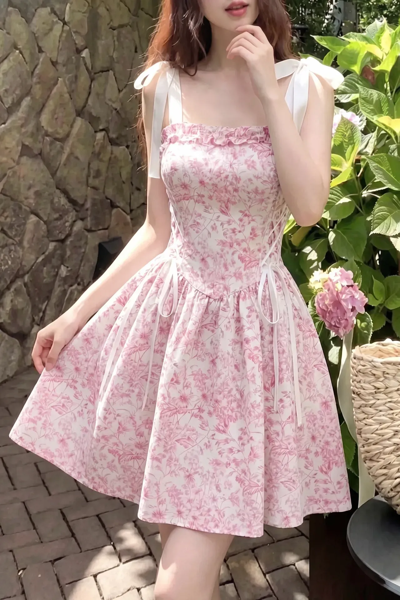 Light Pink Floral Tie-Up Mini Dress