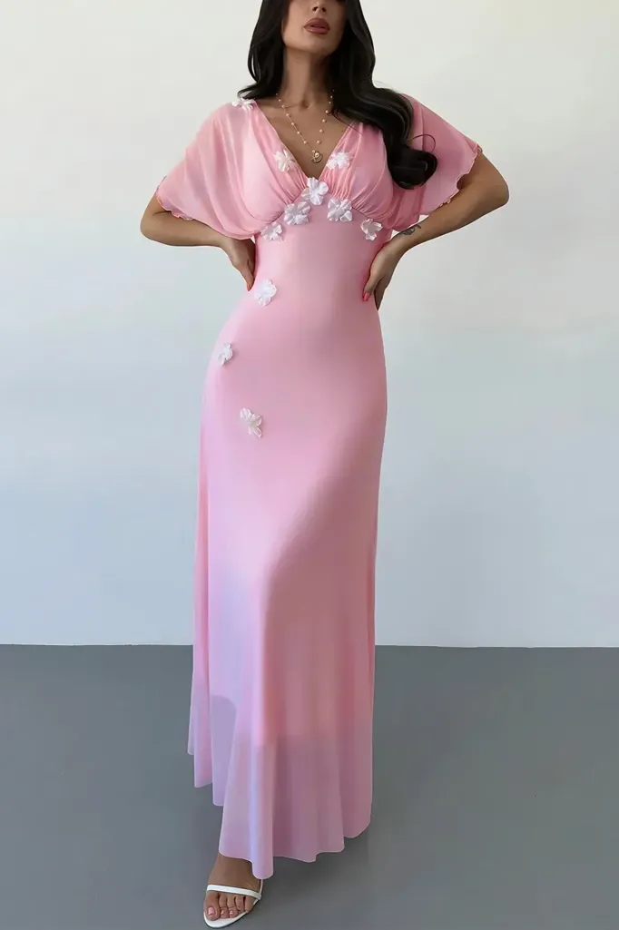 Light Pink Floral V-Neck Maxi Dress - Image 1