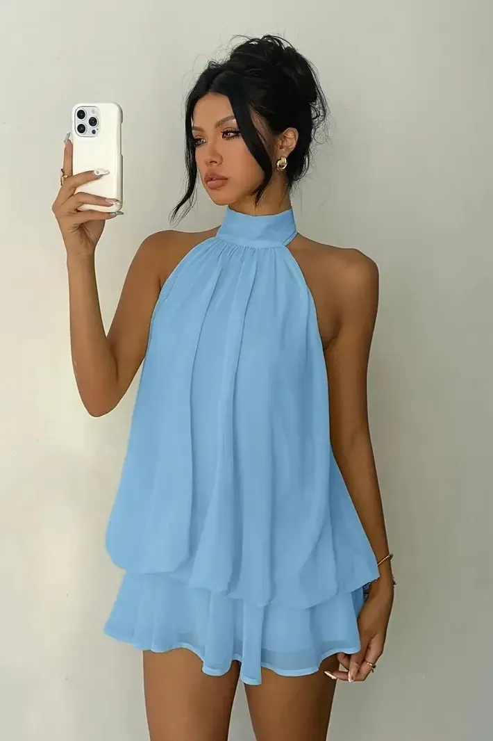 Light Blue Tiered Halter Mini Dress
