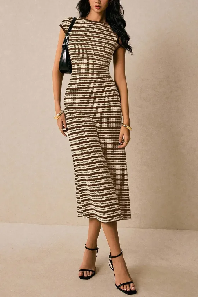 Dark Brown Striped Midi Dress - Image 1