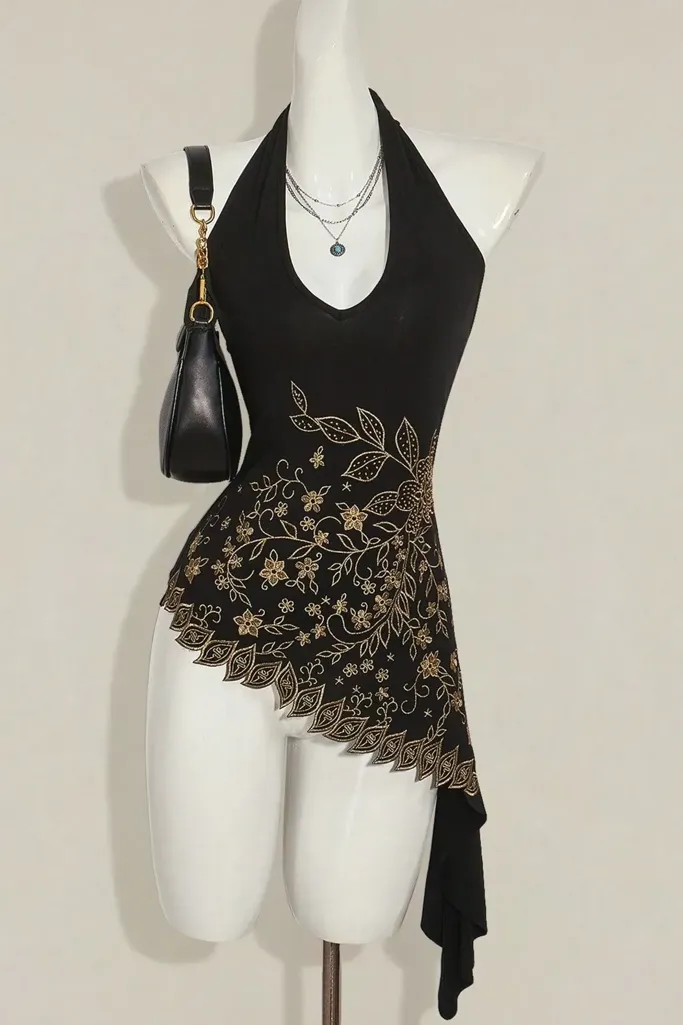 Black Embroidered Halter Neck Top - Image 1