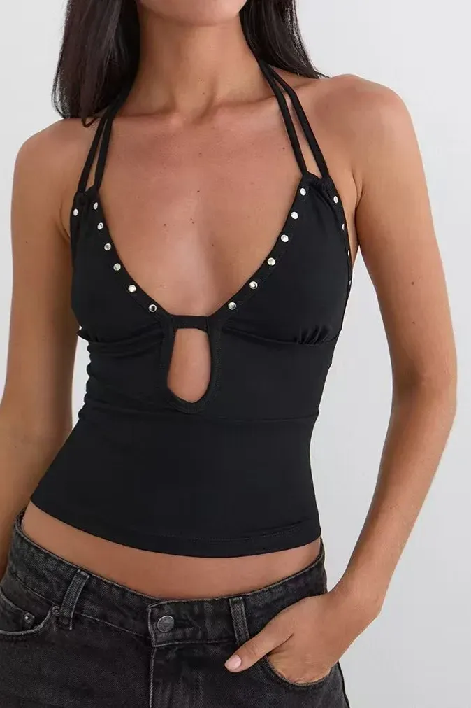 Black Studded Cut-Out Crop Top - Image 1