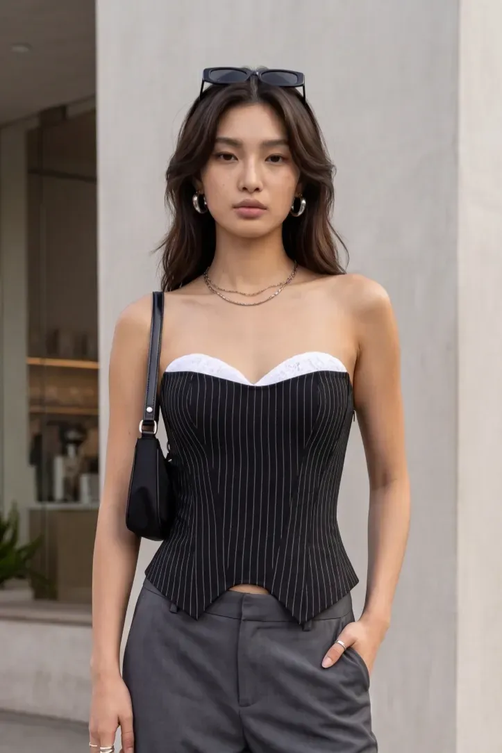 Black Pinstripe Corset Tube Top