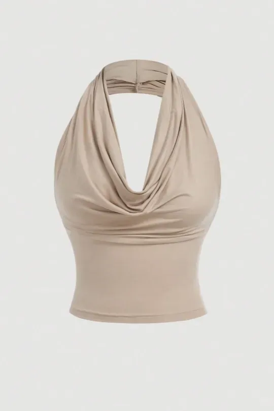 Beige Draped Cowl Neck Crop Top - Image 1
