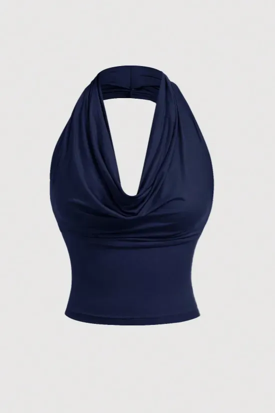 Navy Cowl Neck Crop Top - Image 1