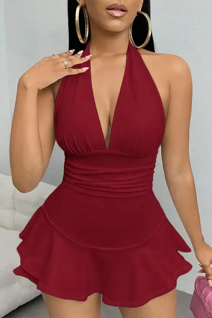 Red Ruched Halter Mini Dress - Image 1