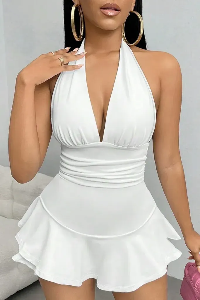 White Ruched Halter Mini Dress - Image 1