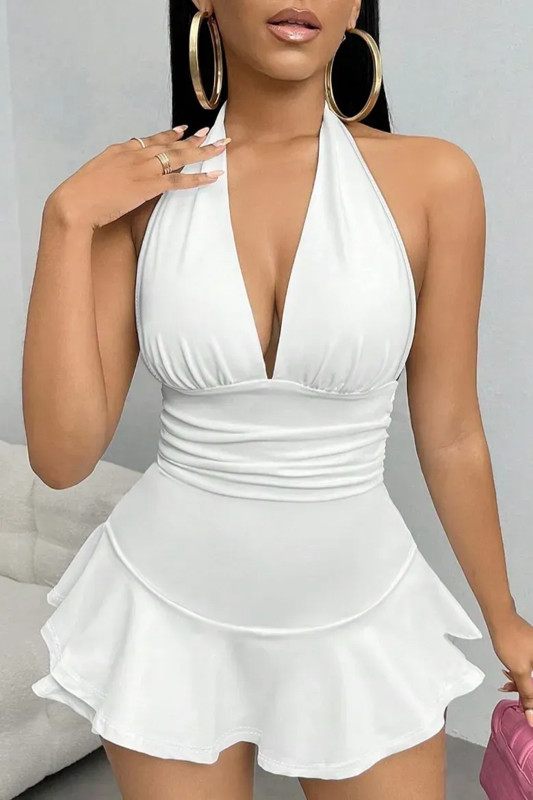 White Ruched Halter Mini Dress