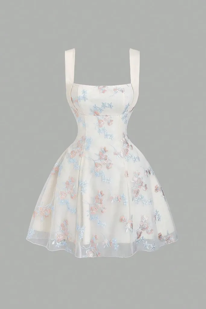 Cream Floral Embroidered Mini Dress - Image 1