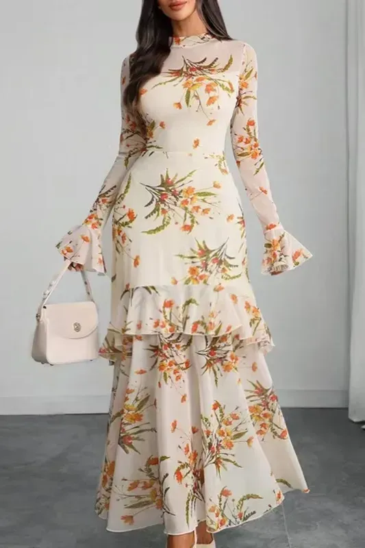 Beige Floral Tiered Maxi Dress - Image 1