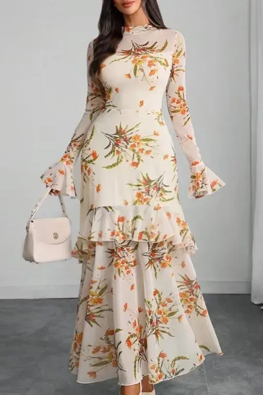 Beige Floral Tiered Maxi Dress