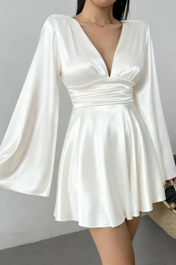 White Solid V-Neck Mini Dress - Image 1