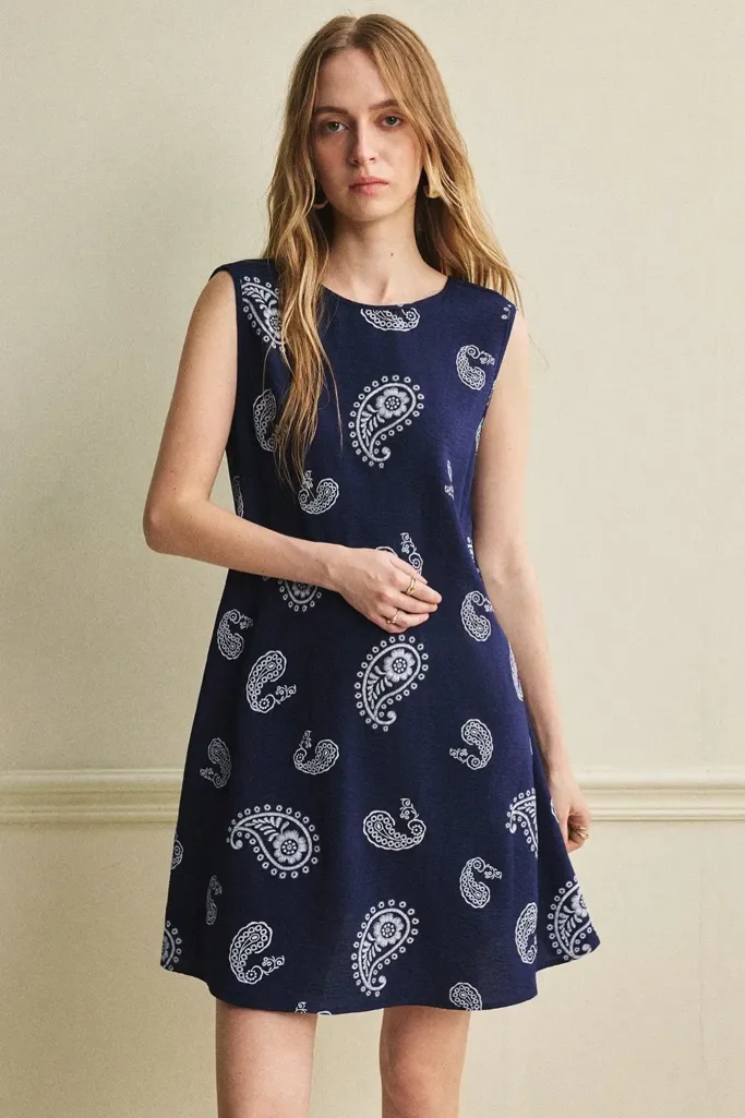 Navy Blue Ethnic Print Mini Dress - Image 1