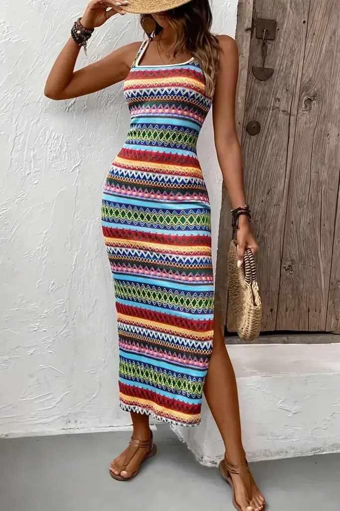 Blue Geometric Midi Dress - Image 1