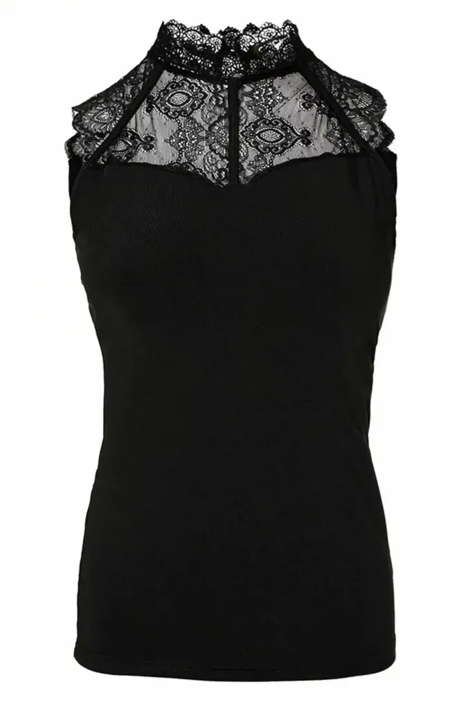 Black Solid Lace High Neck Top - Image 1