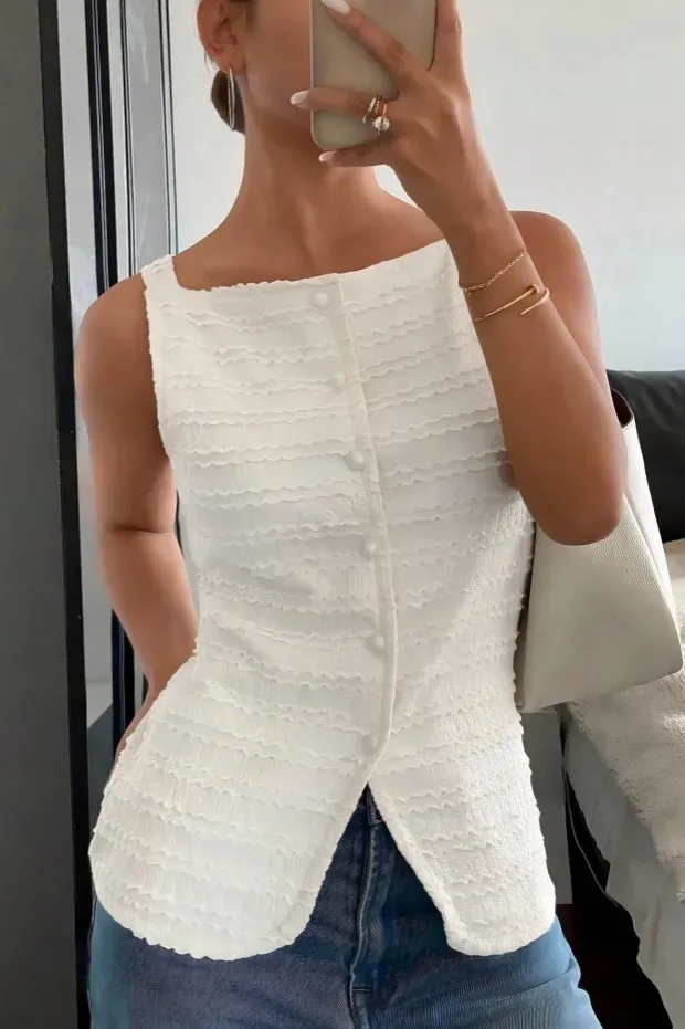 White Solid Buttoned Top - Image 1