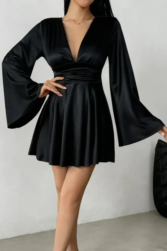 Black Solid V-Neck Mini Dress - Image 1