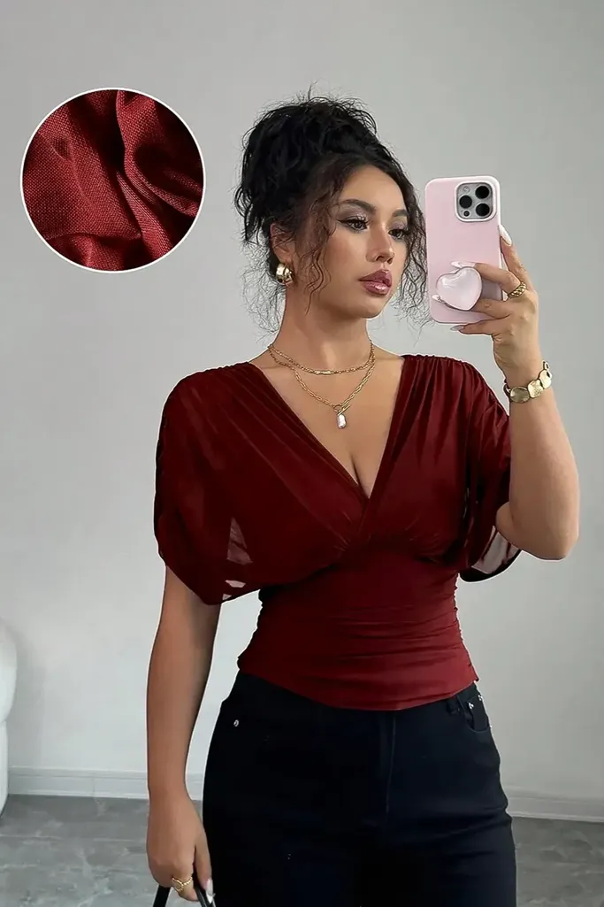 Wine Solid V-Neck Top - Image 1