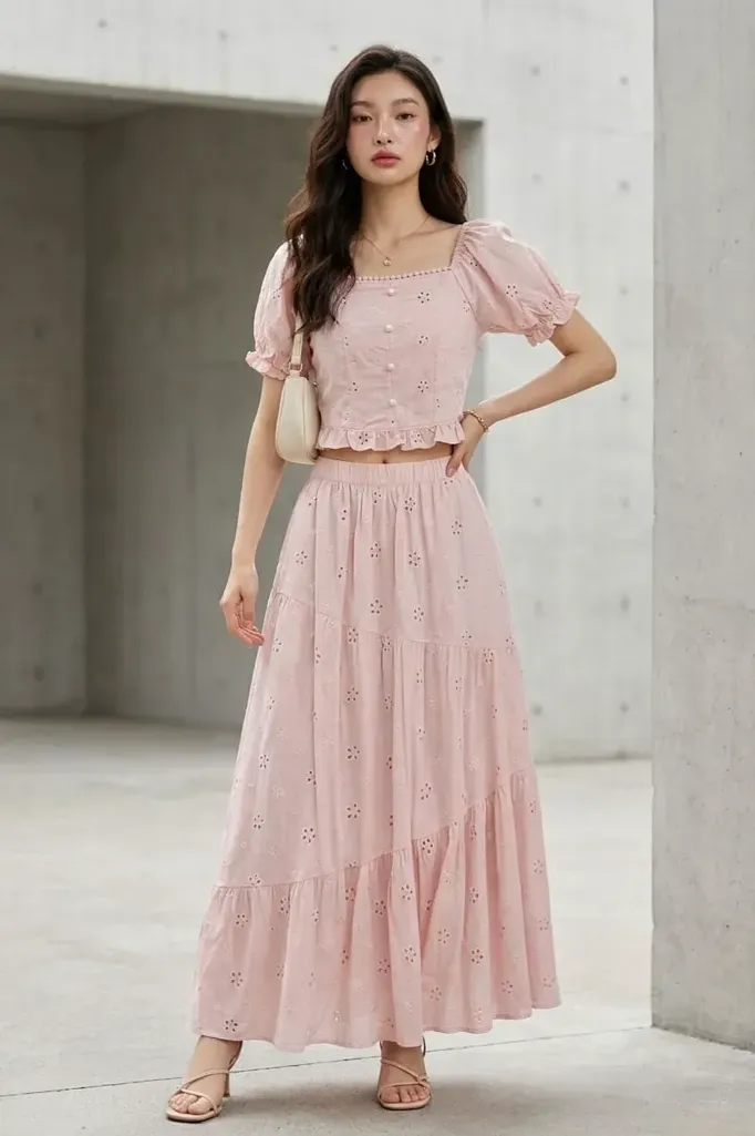 Light Pink Schiffli Maxi Co-Ord Set - Image 1