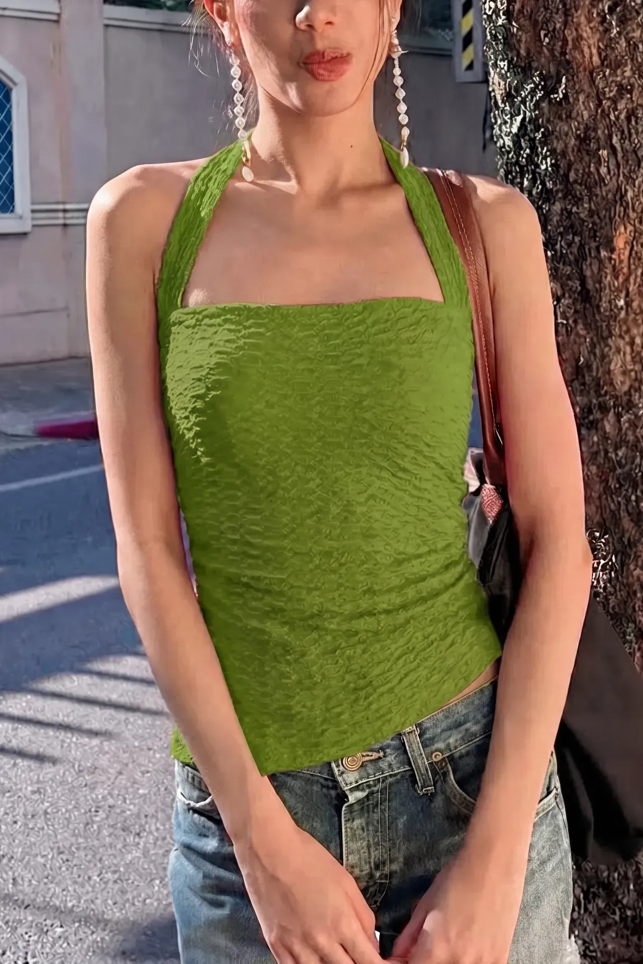 Green Solid Halter Neck Top